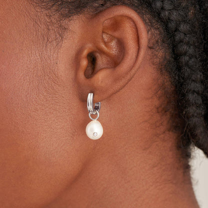 Silver Pearl Drop Sparkle Huggie Hoop Earrings