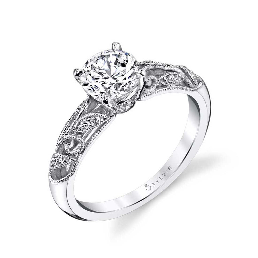 Roial | 14kt White Gold Diamond Round Cut Vintage Engagement Ring
