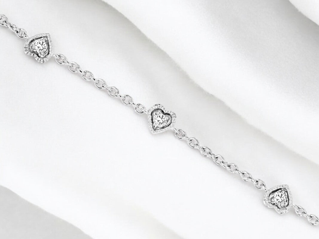 14kt White Gold 0.15 ctw Diamond Heart 6 Station Tennis Bracelet