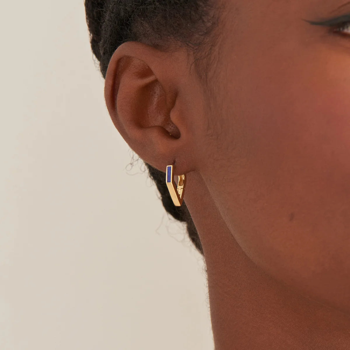 Gold Lapis Angular Hoop Earrings
