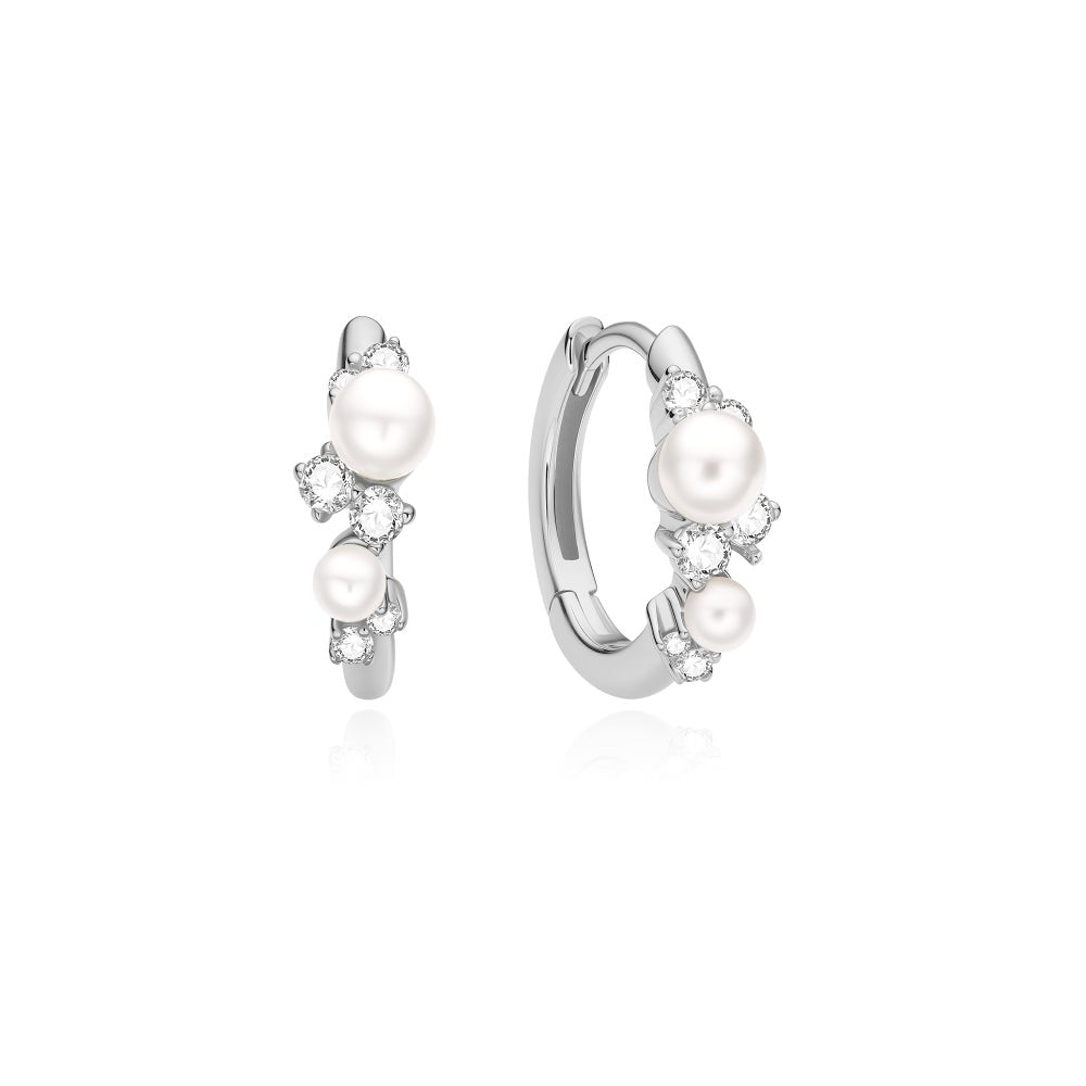 Silver Shell Pearl Cluster Huggie Hoop Earrings