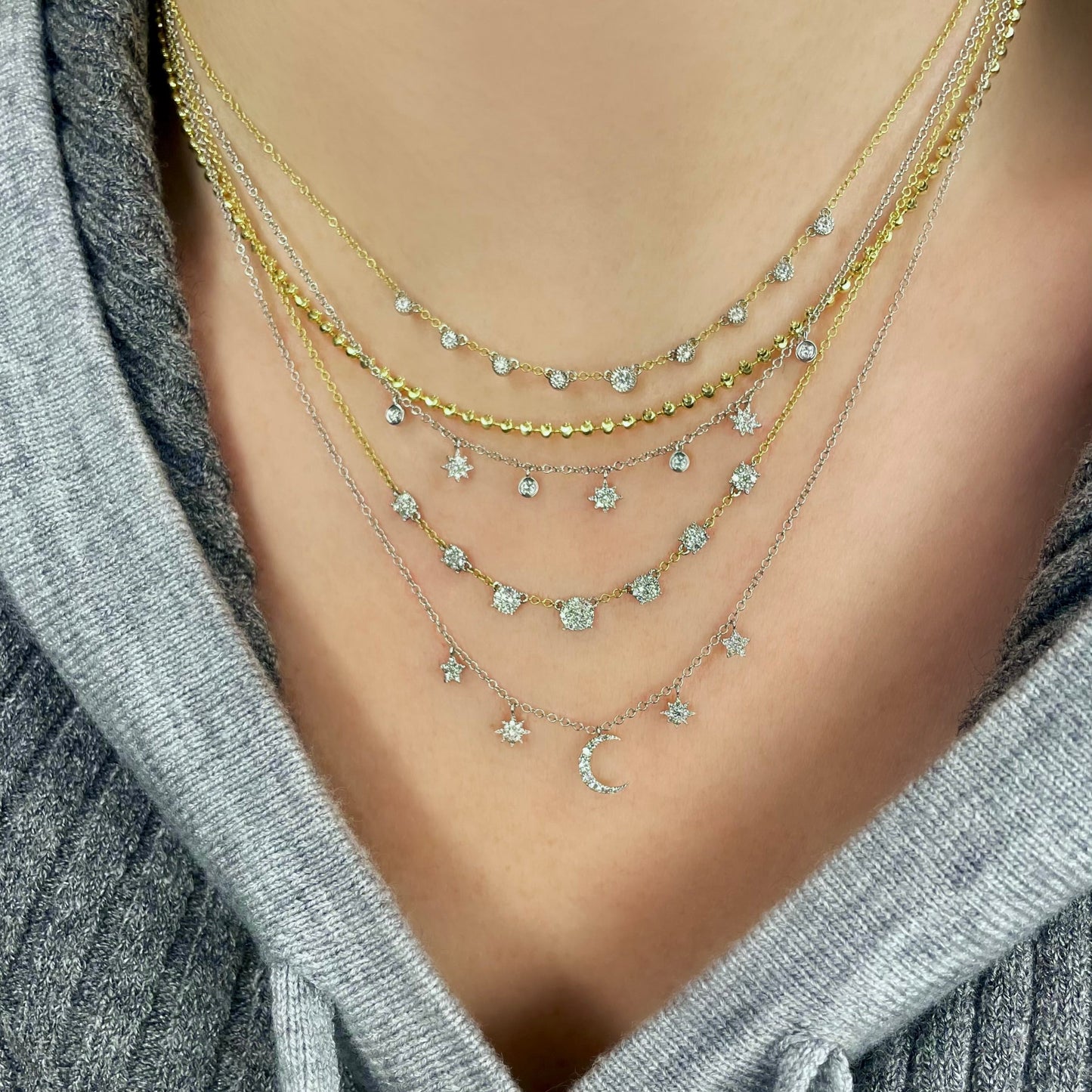 Sisterly Style Yellow Gold Moon & Star Diamond Necklace