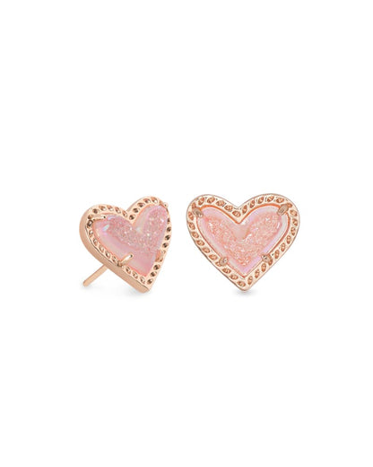 Ari Heart Rose Gold Stud Earrings in Light Pink Drusy