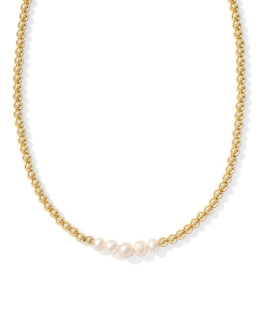 Eve Gold Beaded Strand Necklace in White Pearl