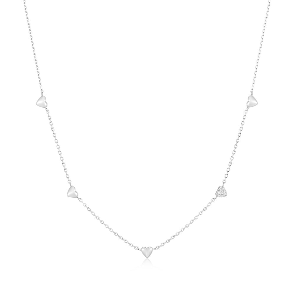 Silver Pavé Puffed Heart Station Necklace