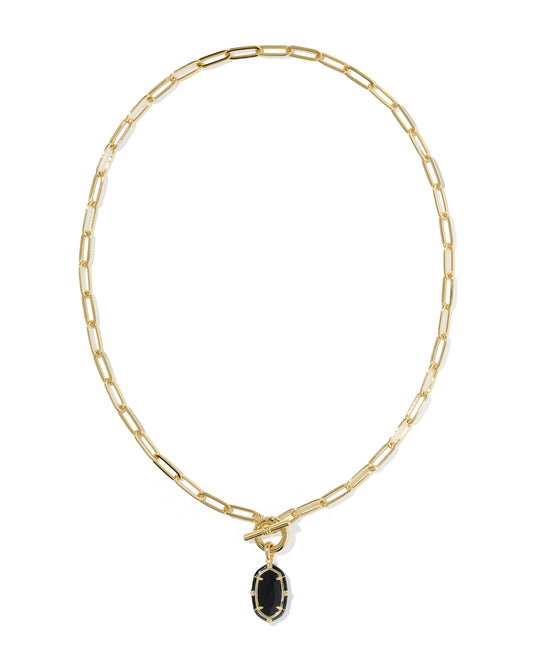 Elisa Gold Enamel Link and Chain Necklace in Black Agate