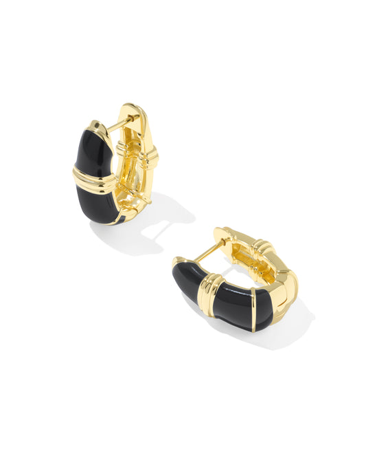 Courtney Gold Enamel Huggie Earrings in Black Enamel