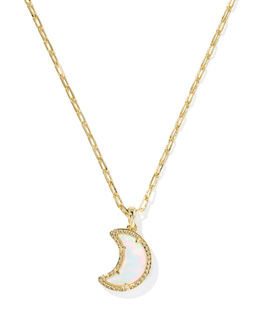 Moon Gold Short Pendant Necklace in White Opalescent Resin