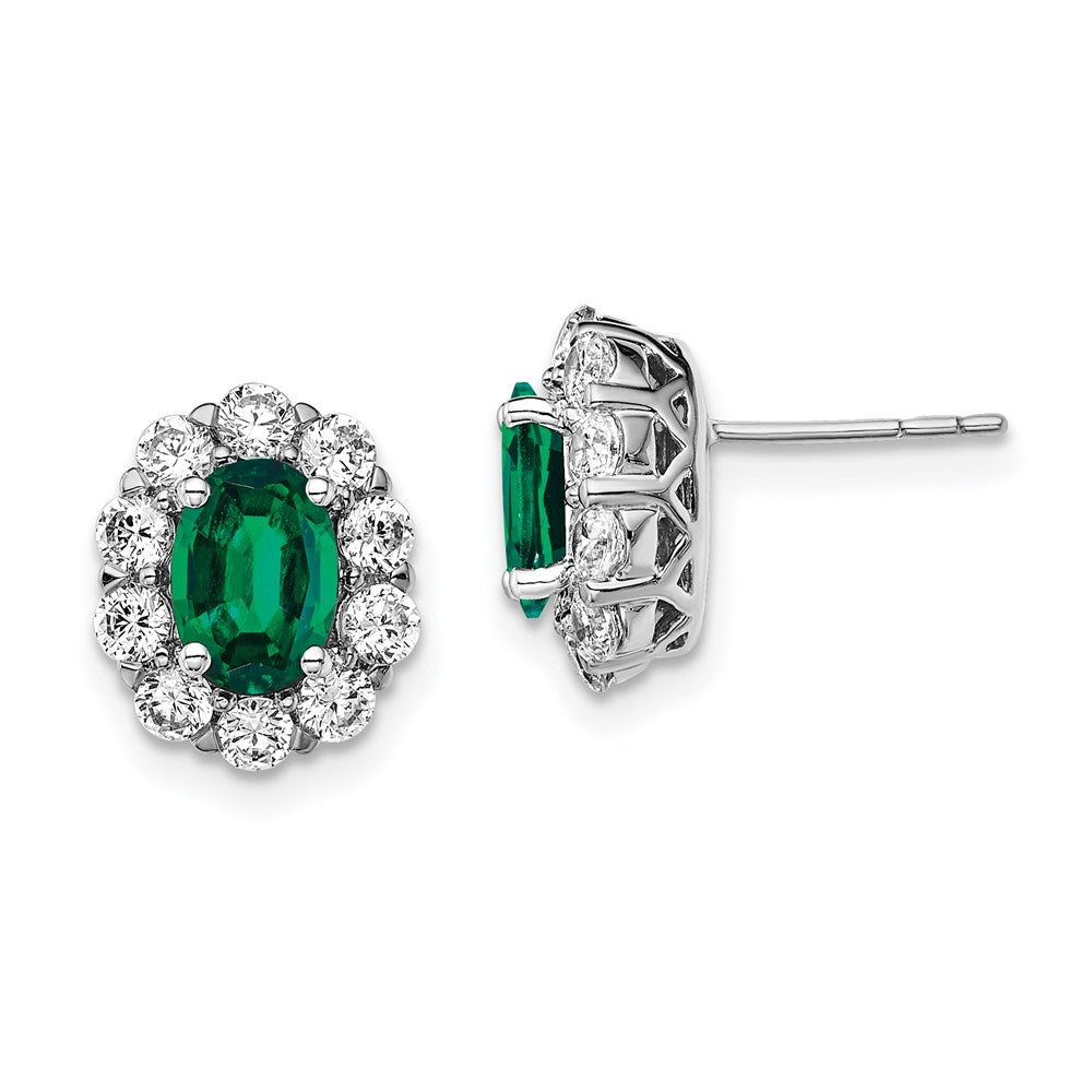 14K White Gold Lab Grown Diamond and Oval Created EmeraldFashion Earrings
