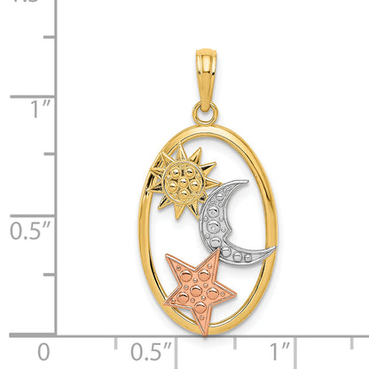 14k Two-tone w/White Rhodium Sun, Moon and Star Oval Pendant