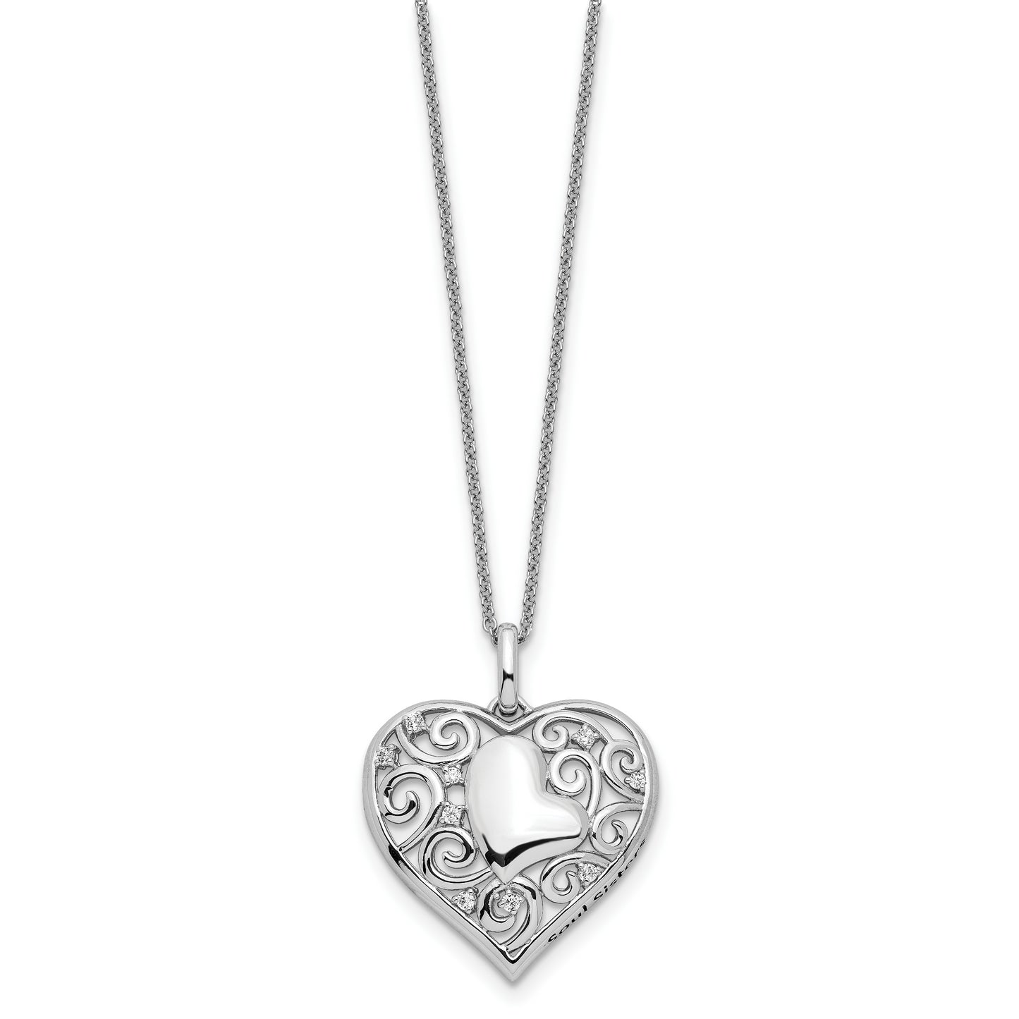 Sterling Silver CZ Antiqued Soul Sister Heart 18in Necklace