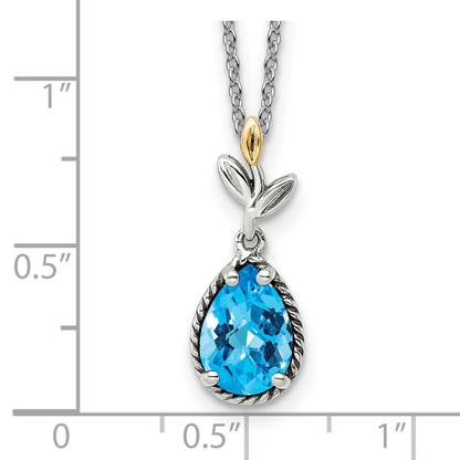 Sterling Silver w/14K Leaf Pear Shape 1.90BT Blue Topaz w/2 in ext Necklace