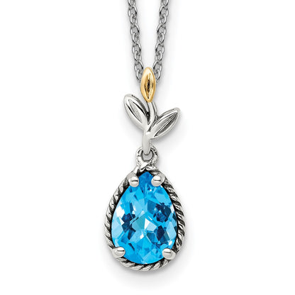 Sterling Silver w/14K Leaf Pear Shape 1.90BT Blue Topaz w/2 in ext Necklace