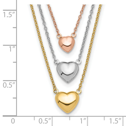 14K Tri-color Three Heart w/ 1in ext. Necklace
