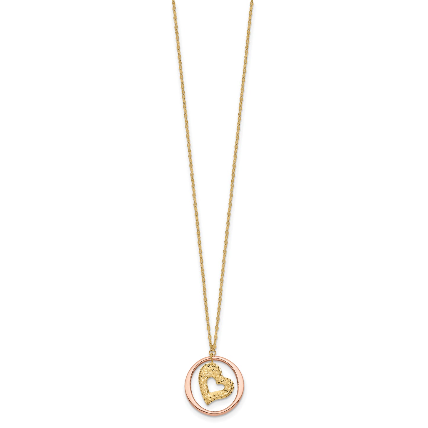 14K Two Tone Fancy Link D/C Heart in Open Circle Necklace