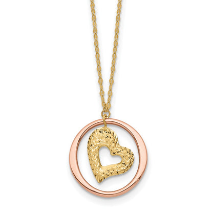 14K Two Tone Fancy Link D/C Heart in Open Circle Necklace
