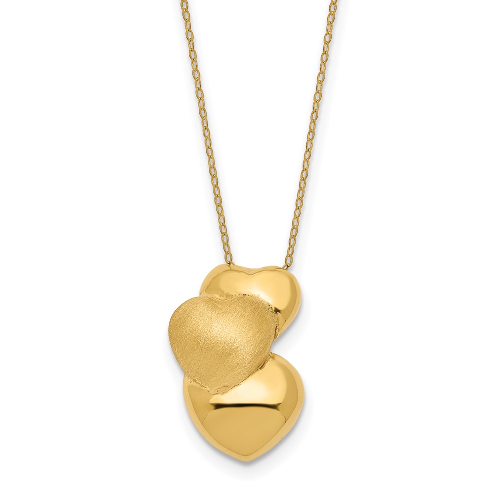 14k Polished and Satin 3 Puffed Hollow Hearts Necklace
