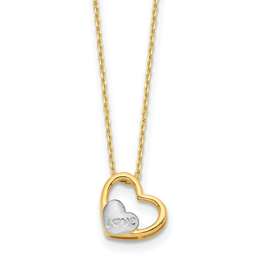 14K and White Rhodium Brushed and Polished Love Heart 17in Necklace
