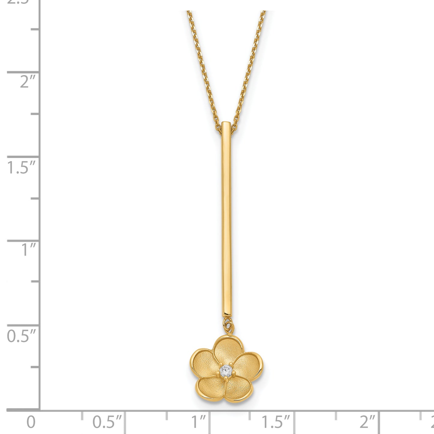 14K Polished and Satin Flower Dangle CZ w/2 in ext. Necklace