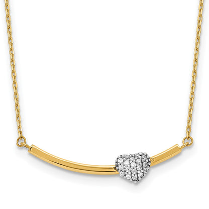 14K Two-tone Polished CZ Heart on Bar 17in Necklace