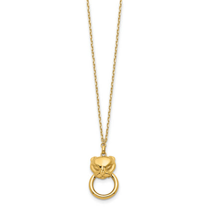 14K Polished Cat Head Holding Ring Necklace