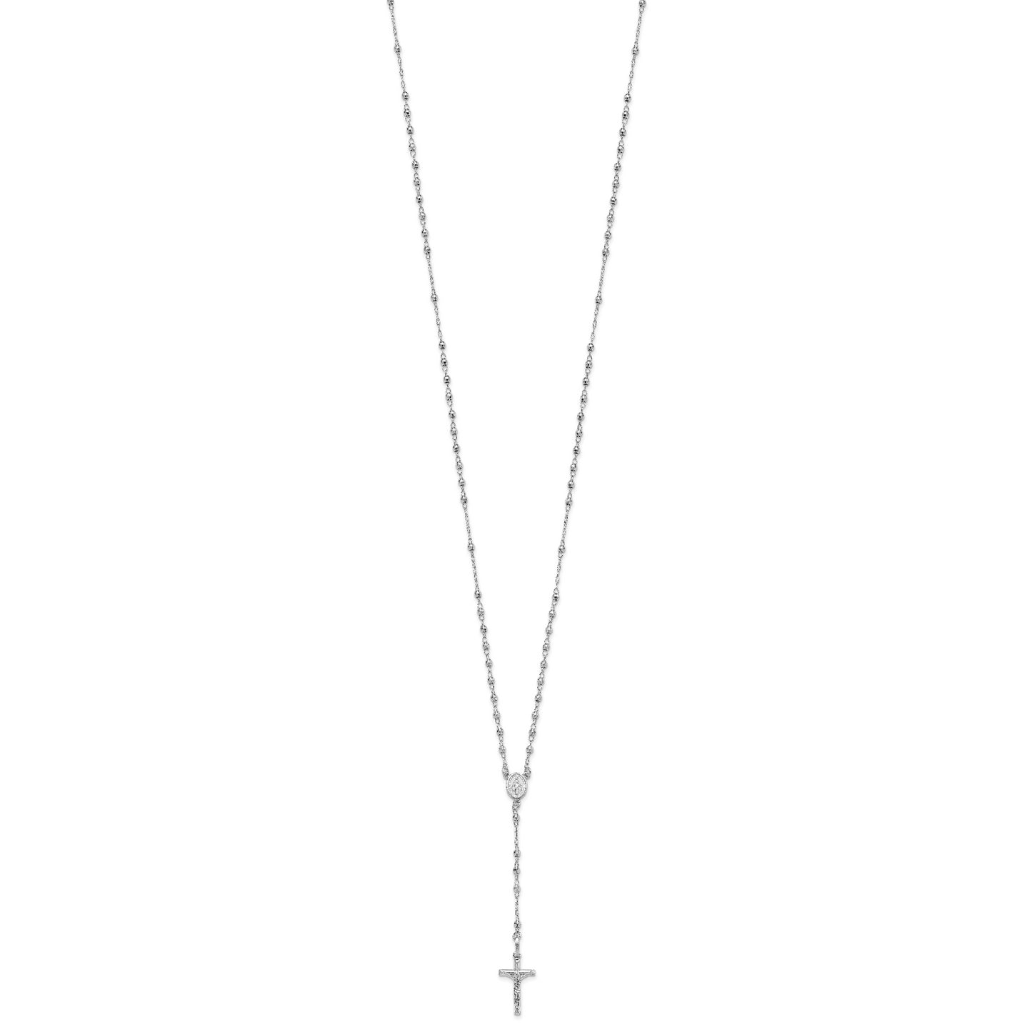14K White Gold Polished Faceted Beads Rosary 18 inch Necklace