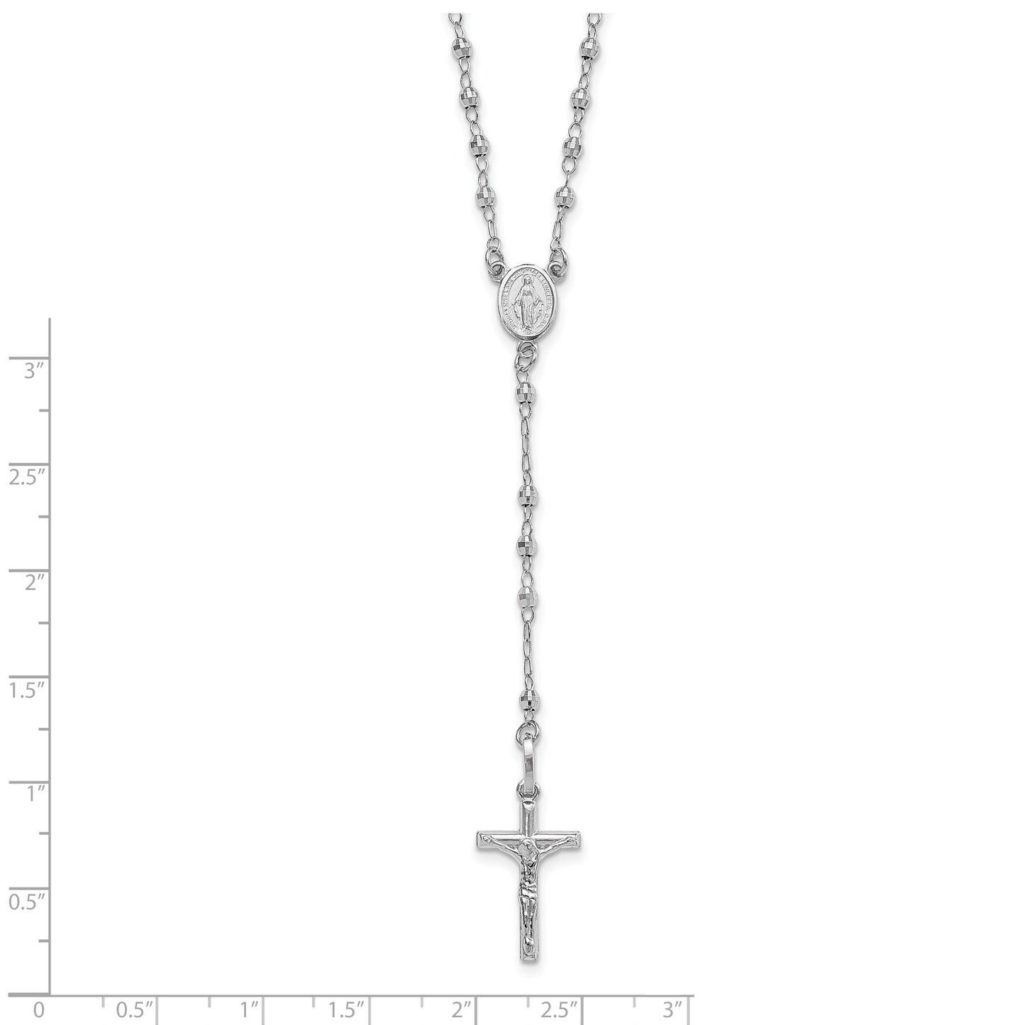 14K White Gold Polished Faceted Beads Rosary 18 inch Necklace