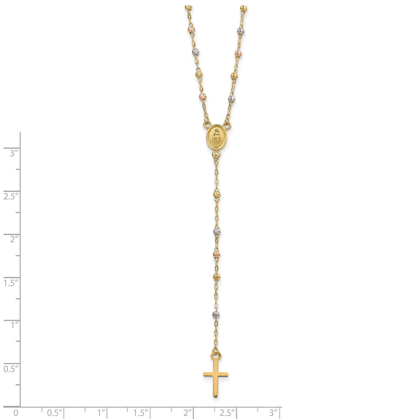 14k Tri-color Beaded Rosary 17 inch w/ 3in ext Necklace