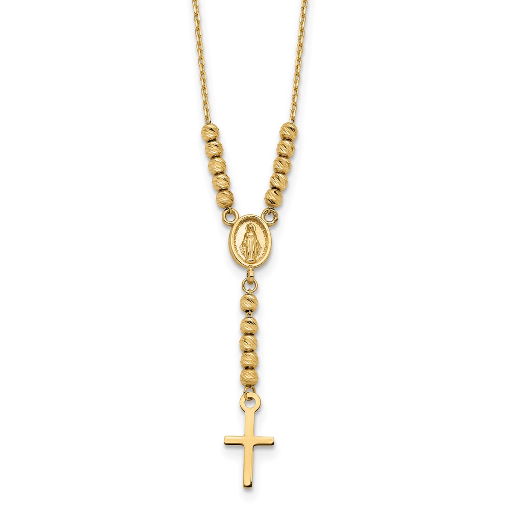14K Polished D/C Bead Miraculous Medal and Cross 17in Necklace