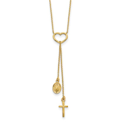 14K Polished Heart with Dangle Cross and Religious Medal Necklace