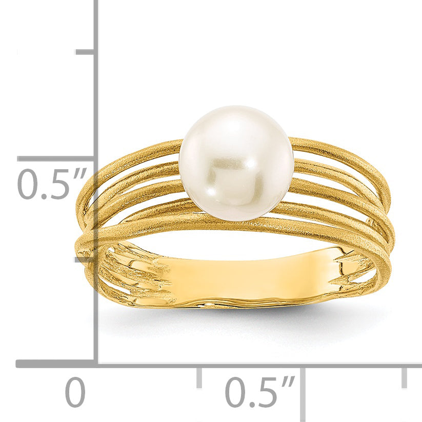 14K 7-8mm Round White Freshwater Cultured Pearl Brushed Ring