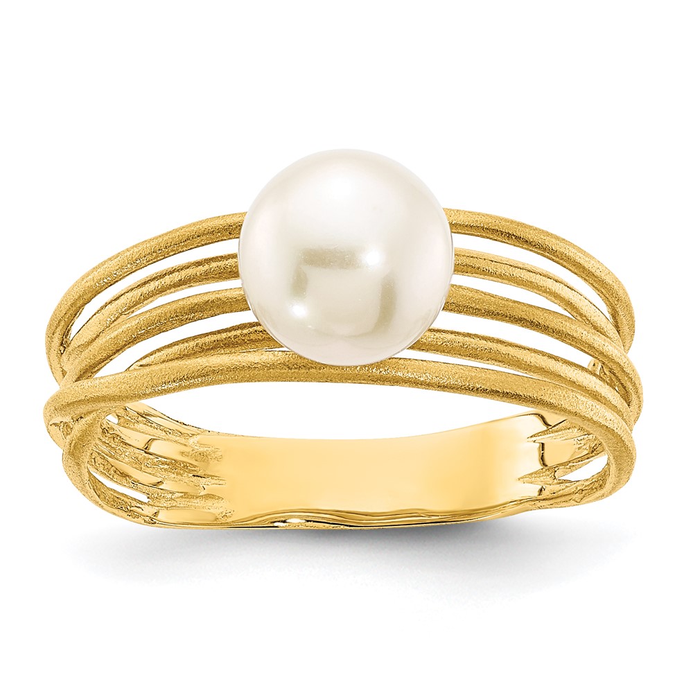 14K 7-8mm Round White Freshwater Cultured Pearl Brushed Ring
