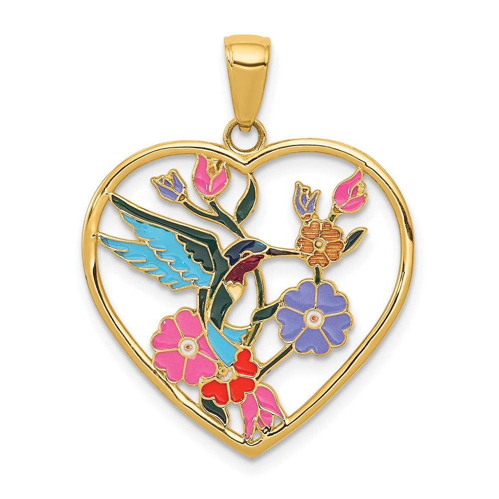 14k Enameled Hummingbird w/Flowers Heart Pendant