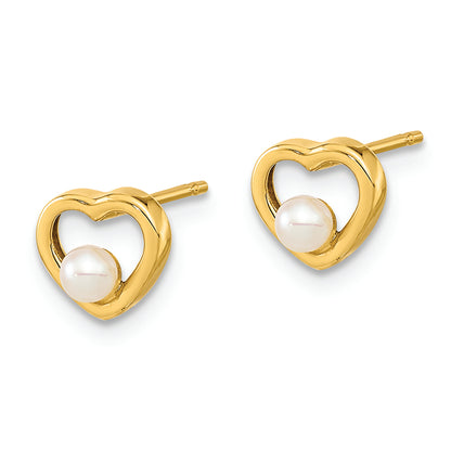 14K Polished Open Heart 2.5-3mm Freshwater Cultured Pearl Post Earrings