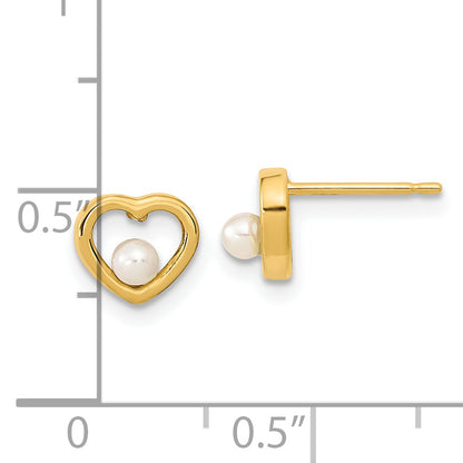 14K Polished Open Heart 2.5-3mm Freshwater Cultured Pearl Post Earrings