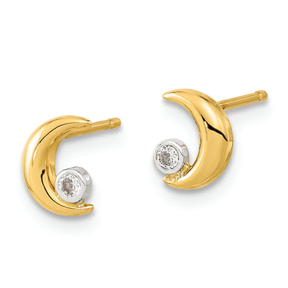 14K Gold White Rhodium Polished CZ Half Moon Post Earrings